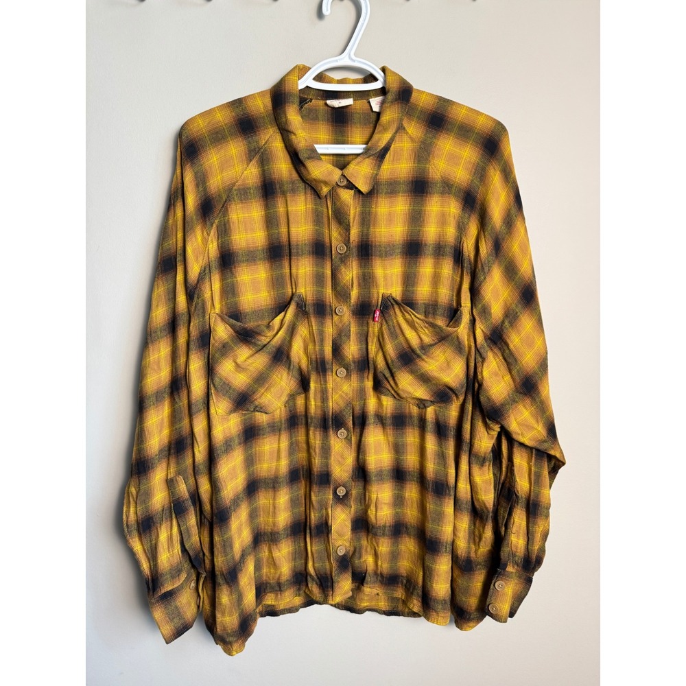 Levis Womens Rusty Yellow Multi Plaid Slouchy Oversized Shirt XL Grunge Boho